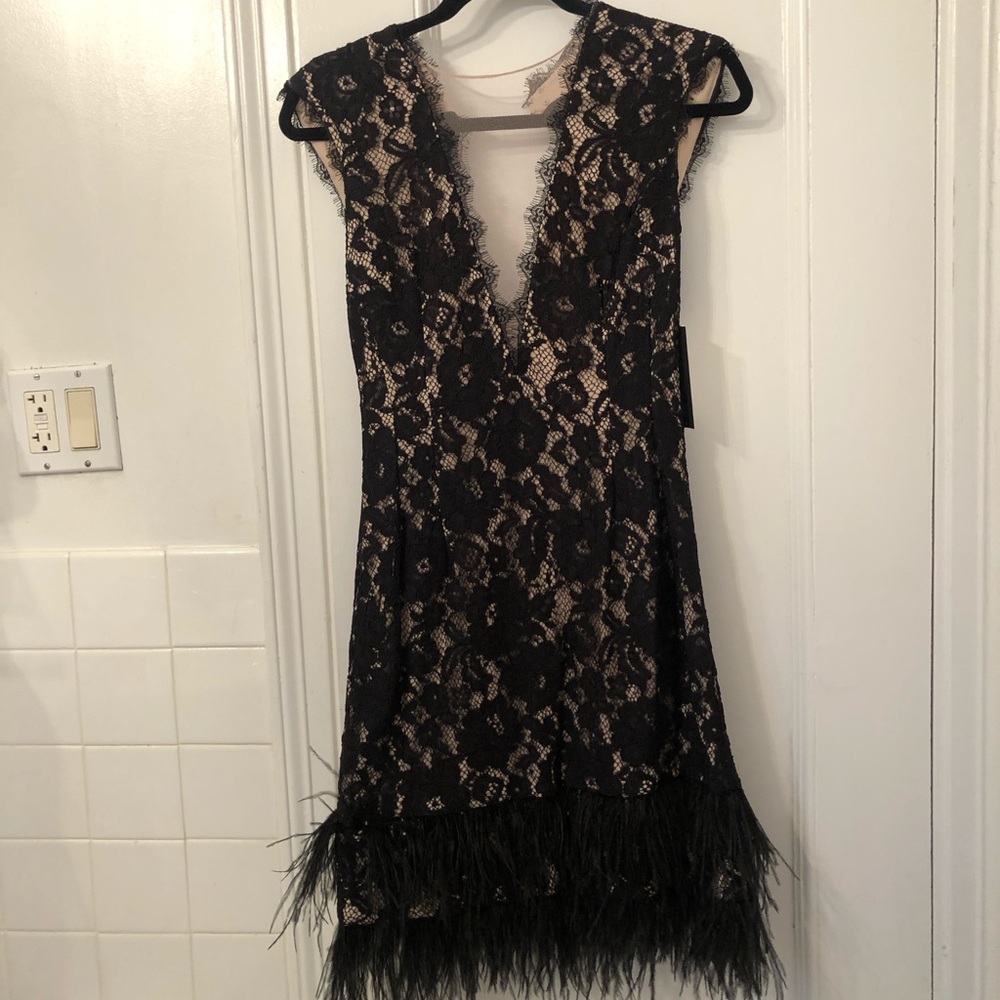 NWT Aidan Mattox Black Lace and Feather Dress 6